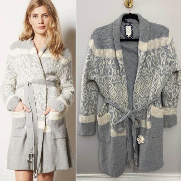 OOAK Anthropologie E by Eloise Nordic Intarsia‎ Crochet Snowflake Sweater Coat L - Picture 1 of 10
